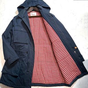 PAPAS【定価12万!! 王者の貫禄!!】パパス 2way ダウンコート XLサイズ ロゴワッペン 裏地全面チェック柄 モッズコート ネイビー 混