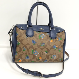 【中古】COACH ミニベネット 2WAY ミニボストンバッグ シグネチャー フローラルプリント PVC ベージュ ブルー F57534