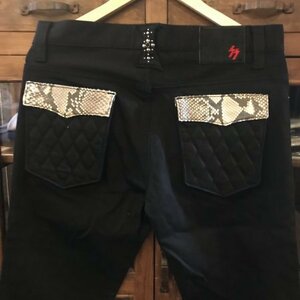 【SKULL FLIGHT】サイズ29　パイソンフラップ　ブラックSS PANTS type2　ストレッチブーツカット　スカルフライト　ランブル