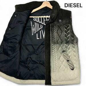 美麗品◎ダウン90%!!ディーゼル【軽量で着心地抜群!!】DIESEL ダウン ニット ベスト バイカラー ロゴ ジップ グリーン系 牛革◎メンズ