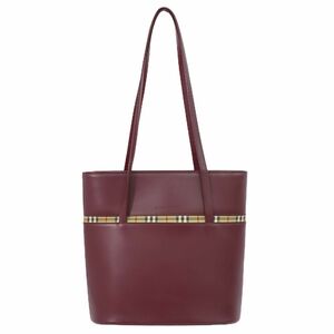 本物 バーバリー BURBERRY チェック ショルダーバッグ トートバッグ レザー ボルドー