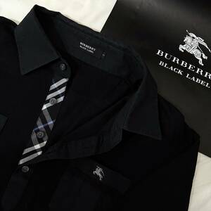 美品 名作 BURBERRY BLACK LABEL バーバリーブラックレーベル 長袖ポロシャツ 前立ノバチェック ホース刺繍 黒 2(M) 日本製 #2860