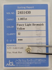 【1/25★安値〜】天然イエローダイヤモンド ルース 1.007ct FLBY I2 鑑別 NGL│B2549B3 【Yellow】 ダイヤ diamond