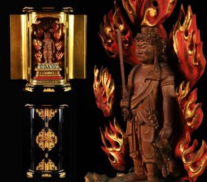 仏教美術 木彫 彩色 不動明王立像 厨子入 高約29.5cm 仏像 江戸期 時代物[6747tt]
