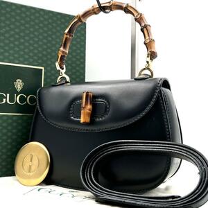 《超希少/ほぼ未使用品》付属品完備 GUCCI グッチ バンブー 2WAYミニハンドバッグ ショルダーバッグ カーフレザー ターンロック ブラック