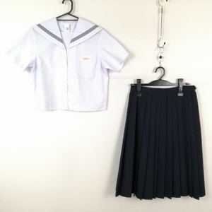 1円 セーラー服 スカート 上下2点セット 大きいサイズ 夏物 青3本線 女子 学生服 宮崎高鍋東中学 白 制服 中古 ランクC EY3750