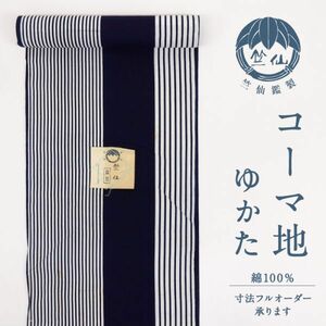 【竺仙】　浴衣　反物　『注染』　太細の縞模様　コーマ地白　木綿　夏着物　お仕立て可　反24-183