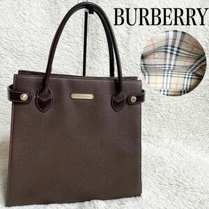 美品 BURBERRY スクエア レザー ノバチェック ハンドバッグ ロゴ 金具 バーバリー