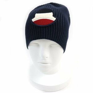 未使用品△MONCLER モンクレール 2019年 BERRETTO TRICOT トリコロールロゴワッペン ビーニー ニット帽 ニットキャップ ネイビー 正規品