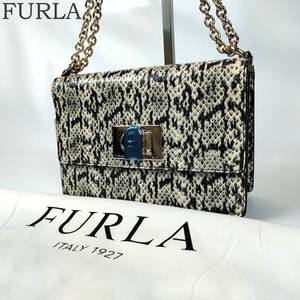 未使用 FURLA フルラ チェーン ショルダーバッグ パイソン クロスボディ 保存袋 カメラバッグ 肩掛け 金具ゴールド レディース