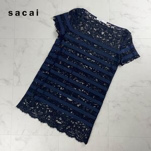 美品 sacai luck 総レースワンピース チュニック ボーダー 異素材切り替え 刺繍 レディース 黒 ブラック サイズM*SC578