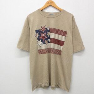 XL/古着 半袖 ビンテージ Tシャツ メンズ 90s 星 ボタン 大きいサイズ コットン クルーネック ベージュ カーキ 霜降り 24apr25 中古