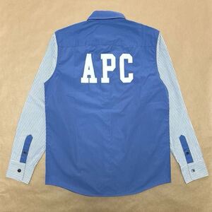 美品 A.P.C. バックロゴ コットン 長袖 シャツ ブルー ストライプ S カジュアル ドレス APC アーペーセー @b170