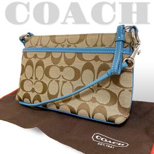 美品 コーチ COACH ショルダーバッグ シグネチャー キャンバス 水色