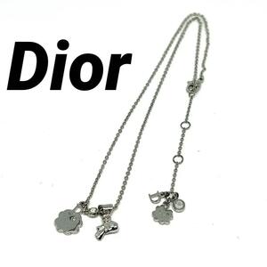 1円～ クリスチャンディオール ラインストーン ネックレス シルバー 銀 リボン クローバー Christian Dior (241211-nn-2)