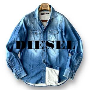 B01 美品 人気のスウェットデニム！ Lぐらい『ディーゼル DIESEL』抜群の加工 ジョグジーンズ 長袖 デニム シャツ インディゴブルー 青色