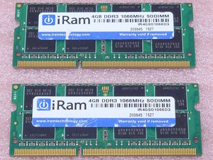 ★iRam IR4GSO1066D3 2枚セット - PC3-8500S/DDR3-1066 Samsungチップ 204Pin DDR3 S.O.DIMM 8GB(4GB x2) 動作品