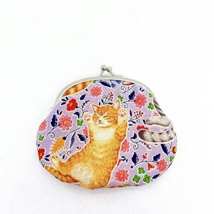 猫 花柄＊ 丸型 がま口ポーチ/ 財布＊ ハンドメイド