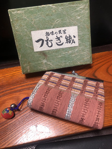 【伝統工芸つむぎ織・財布】がま口　無形文化財未使用　保管品【24/11 TY-7E】