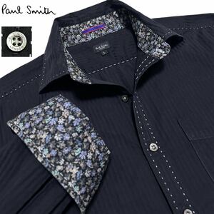 極美品/Lサイズ●Paul Smith ポールスミス 花柄 フラワー 光沢 ストライプ 長袖 ドレスシャツ 羽織り ブラック 黒 白ステッチ ビジネス