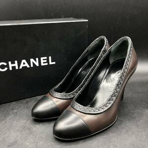 M1709 美品 CHANEL シャネル レザー パンプス ハイヒール ココマーク レディース 34/22.0cm 相当 ブラウン ブラック 靴 シューズ 正規品