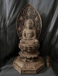 大型高62cm 仏教工芸品　総楠製　井波彫刻　極上彫　木彫仏像　釈迦如来座像