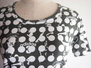 E38【USED】adidas アディダス　水玉　クルーネックＴ　半袖　Ｔシャツ　バックプリント