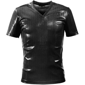 9#163918-bk ブラックバリア テレコ素材 ストライプ スリム 無地 光沢 ラメ 箔 半袖VネックTシャツ(ブラック黒) XL カットソー きれいめ
