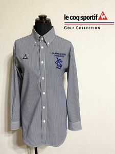 【美品】 le coq sportif golf ルコック レディース ゴルフ ウェア ボタンダウン シャツ トップス サイズM 長袖 ネイビー ホワイト QG1049 