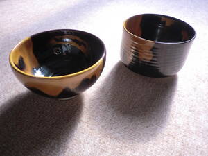 ２点セット 抹茶碗 森沢昭三 九谷焼 深筒形 半筒形 黒と金の二色 茶道具