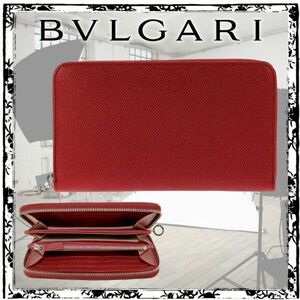 【激レア　定価9万】BVLGARI ラウンドジップ 長財布 37340　赤　レッド　ブルガリ　長財布　ロゴ　正規　未使用　美品　