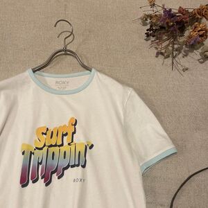 ROXY Tシャツ リンガーT チビT 半袖　 白　トップス　ロキシー　レディースXSサイズ　美品　ロゴ　レトロ　サーフ