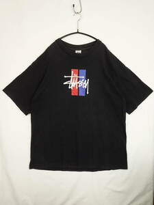 C983/90s/Old Stussy/オールド ステューシー/白タグ/アメリカ製/シングルステッチ/コットンツーバー半袖Tシャツ/ブラック/メンズ/XLサイズ