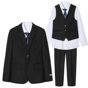 ♪Mineka♪セール 訳有品 男子スーツ5点セット フォーマル 紳士服 3つボタン 縦縞間隔10mm 入卒式 紺縦縞 ネイビー 145CM 150CM 4171/64