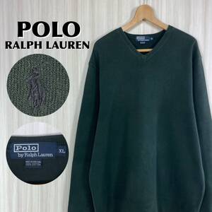 ☆希少カラー☆POLO ポロバイラルフローレン 刺繍ポニー Vネック コットンニット セーター XL 深緑 ダークグリーン アメカジ 90s 古着