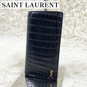 【美品】SAINT LAURENT サンローラン カサンドラ クロコ 二つ折り 長財布 ブラック