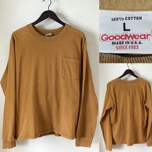 ★【希少レア USA製 着用感有 国内正規品】GOODWEAR グッドウェア コットン100% 定番名作 無地 ポケットTシャツ 長袖 L ブラウン系 米国製