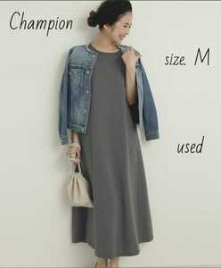 Champion ワンピース M レディース チャンピオン グレー 半袖 ロング丈 女性用 Tシャツ スカート【used】検カーディガンパーカーに合わせて