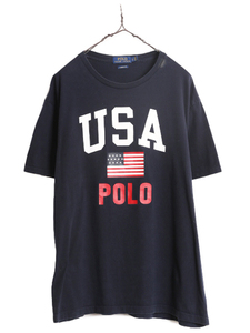 ポロ ラルフローレン 3段 プリント 半袖 Tシャツ メンズ L / 古着 プリントT ロゴT ロゴTシャツ シングルステッチ USA 星条旗 コットン 紺