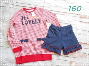 A-012★ルームウエア パジャマ 上下セット 長袖+ショーツパンツ 赤×紺 160 未使用