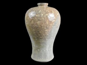 【雲】某収集家放出品 韓国 高麗青磁 鶴雲象嵌細密絵付花瓶 飾壺 高さ38.5cm 古美術品(中国朝鮮美術花器花入)AJ965 UT3f4s