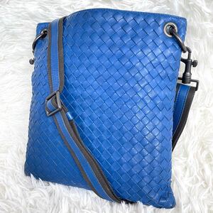 希少色/極美品 BOTTEGA VENETA ボッテガヴェネタ イントレチャート ショルダーバッグ クロスボディ 斜め掛 肩掛け 本革 ブルー レザー 1円