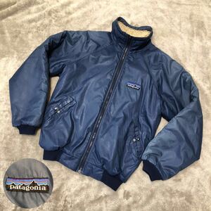 希少★デカタグ patagonia パタゴニア ナイロンジャケット ボンバー ジップアップ 裏地ボア ネイビー系 Mサイズ 80s ラグラン