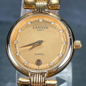 美品 LANVIN ランバン 516895.B 腕時計 アナログ クオーツ カレンダー ゴールド文字盤 メタルバンド ラウンド ステンレススチール ゴールド