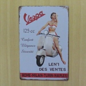 送料無料 ベスパ 125 金属製 メタルサインプレート VESPA 125 PIAGGIO ピアッジオ ローマの休日 モッズ アメリカングラフィティ