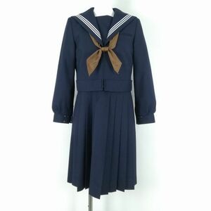 1円 セーラー服 ジャンパースカート スカーフ 上下3点セット 155A カンコー 冬物 白3本線 女子 学生服 中学 高校 紺 中古 ランクC NA9443