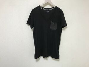 本物アルマーニジーンズARMARNIJEANSコットンVネック皮パッチポケット半袖TシャツメンズM黒ブラック