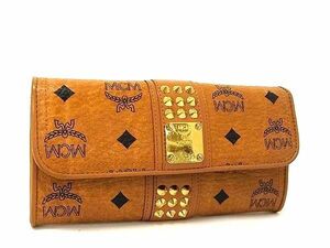 1円 ■美品■ MCM エムシーエム モノグラム ヴィセトス柄 レザー ストラップ付き 二つ折り 長財布 ウォレット ブラウン系 BM2985