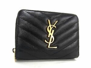 1円 ■極美品■ YVESSAINTLAURENT イヴサンローラン カサンドラ Vステッチ レザー 二つ折り 財布 ウォレット ブラック系 EA2347