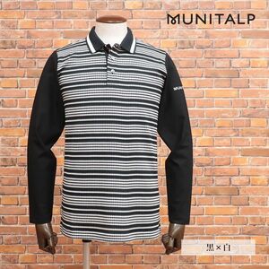 秋冬/MUNITALP/48(L)サイズ/国産ポロシャツ ジャージー＆ジャガード編みボーダー ゴルフ 長袖 ハイブリッド 新品/黒×白/jd201/